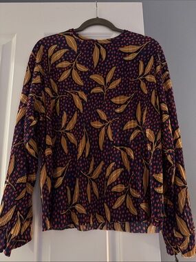 Zara Navy Blue Long Sleeve Top with Mustard Leaf Print and Coral Dots